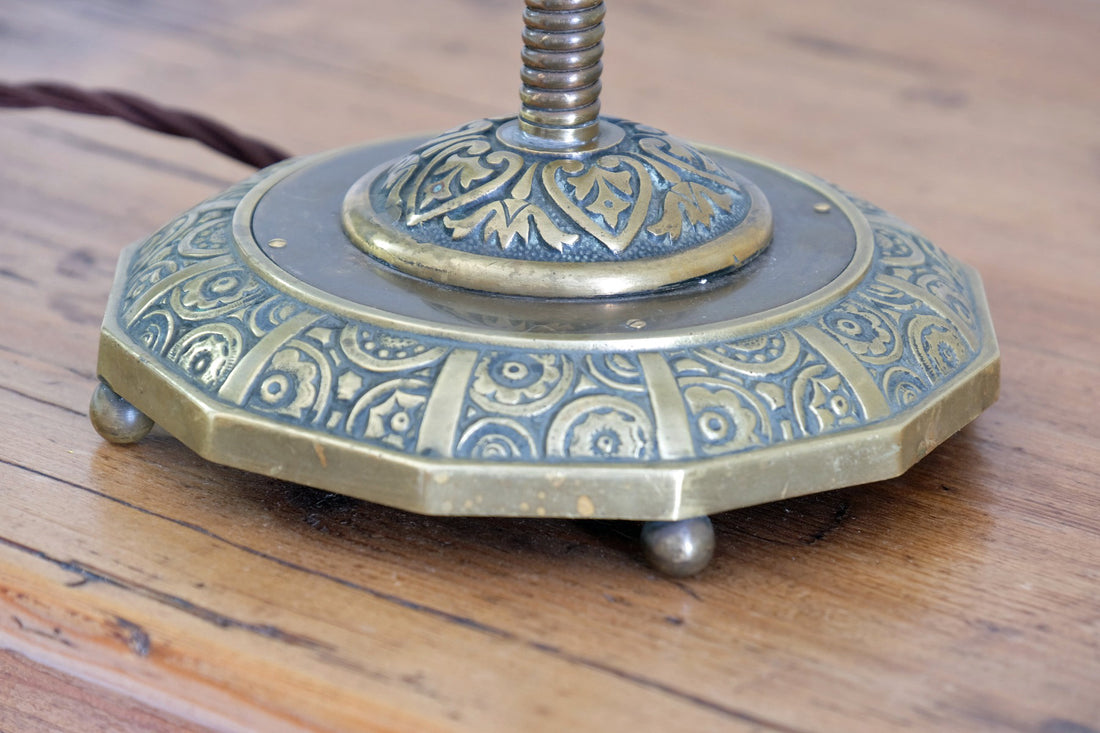 Arts & Crafts Brass Table Lamp with Flexible Stem, Hendecagon Base, c. 1900–1920