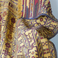 close up and back view - Antique Anatolian kilim rug with saffron ground and geometric motifs