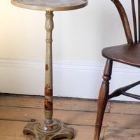 Pair of antique chinoiserie lacquered pedestal side tables with hand painted oriental scenes and gilt detailing