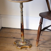Pair of antique chinoiserie lacquered pedestal side tables with hand painted oriental scenes and gilt detailing