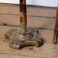 Pair of antique chinoiserie lacquered pedestal side tables with hand painted oriental scenes and gilt detailing