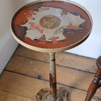 Pair of antique chinoiserie lacquered pedestal side tables with hand painted oriental scenes and gilt detailing