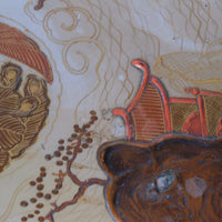 Close up of a Pair of antique chinoiserie lacquered pedestal side tables with hand painted oriental scenes and gilt detailing
