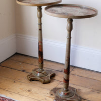 Pair of antique chinoiserie lacquered pedestal side tables with hand painted oriental scenes and gilt detailing