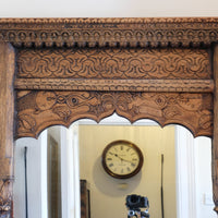 Close up of the carved detail - large antique Indian carved hardwood mirror with Indo-Islamic Moorish arch detail