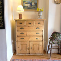 Victorian pine chest of drawers with cupboard base English antique