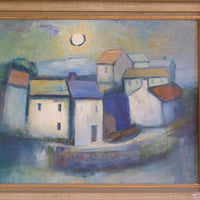 Mid century harbour oil painting, vintage coastal scene with cottages and moonlight