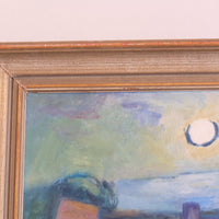 Mid century harbour oil painting, vintage coastal scene with cottages and moonlight
