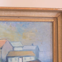 Mid century harbour oil painting, vintage coastal scene with cottages and moonlight