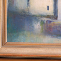 Mid century harbour oil painting, vintage coastal scene with cottages and moonlight