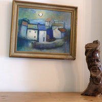 Mid century harbour oil painting, vintage coastal scene with cottages and moonlight