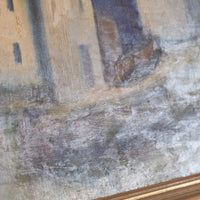 close up of paint - Mid century harbour oil painting, vintage coastal scene with cottages and moonlight