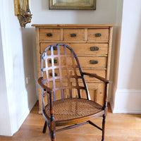 View looking down on a Rare Edwardian bentwood lattice back armchair attributed to Jas Shoolbred with pierced Arts & Crafts design