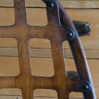 close up of the lattice back - Rare Edwardian bentwood lattice back armchair attributed to Jas Shoolbred with pierced Arts & Crafts design