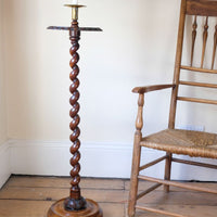 Rare Victorian walnut barley twist candle and wine stand with brass sconce and carved foliate decoration, circa 1870