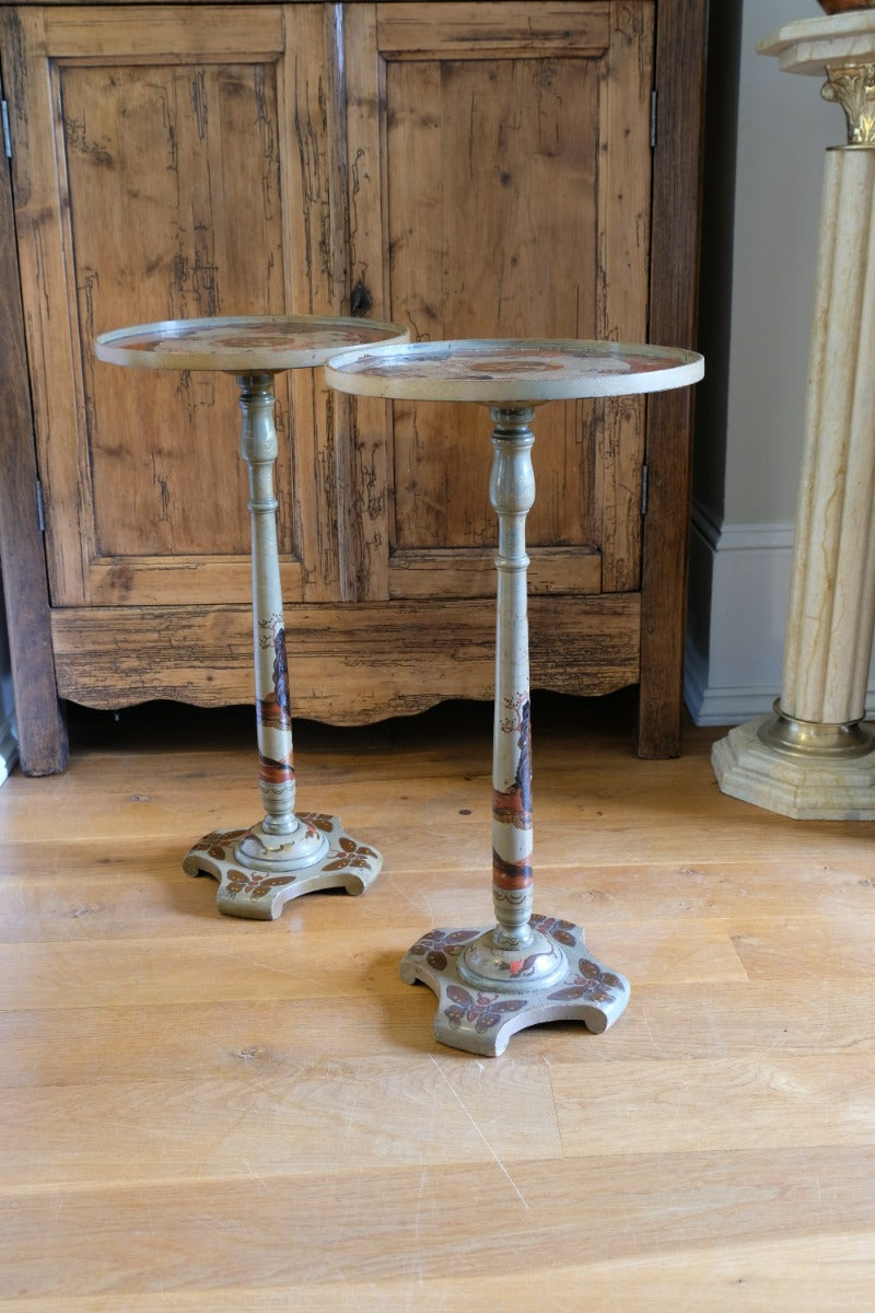 Pair of antique Chinoiserie painted round pedestal tables, gold gilt scroll feet