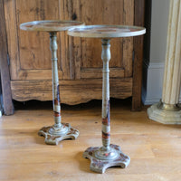 Pair of antique Chinoiserie painted round pedestal tables, gold gilt scroll feet