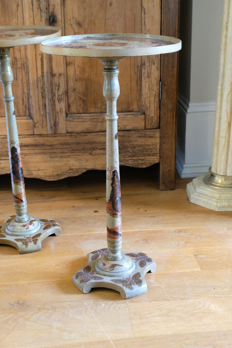 Pair of antique Chinoiserie painted round pedestal tables, gold gilt scroll feet