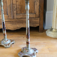 Pair of antique Chinoiserie painted round pedestal tables, gold gilt scroll feet