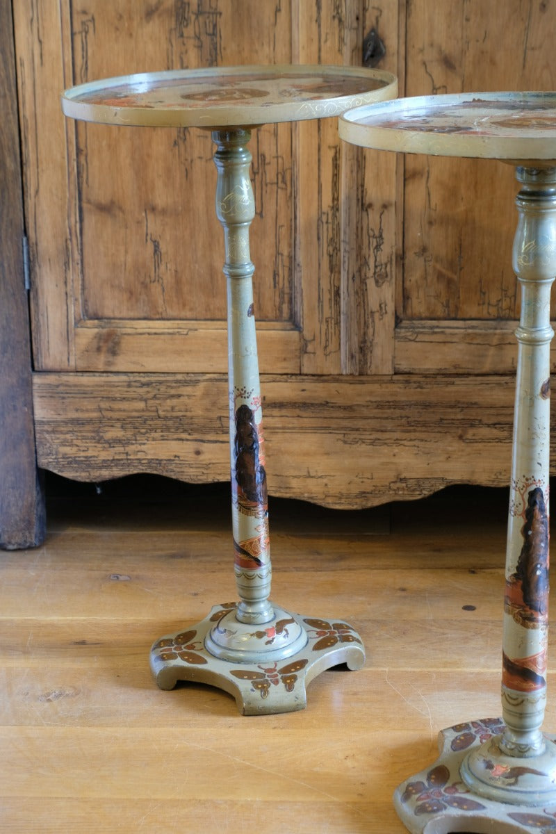 Pair of antique Chinoiserie painted round pedestal tables, gold gilt scroll feet