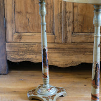 Pair of antique Chinoiserie painted round pedestal tables, gold gilt scroll feet