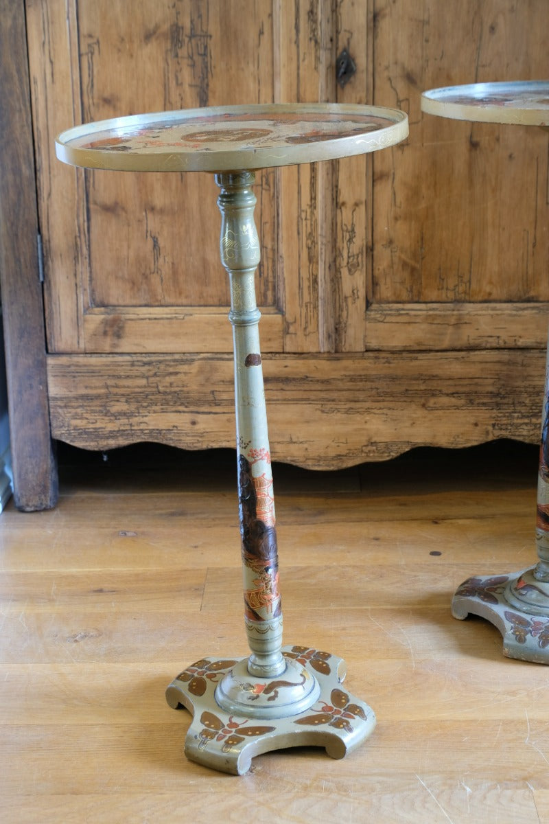 Pair of antique Chinoiserie painted round pedestal tables, gold gilt scroll feet