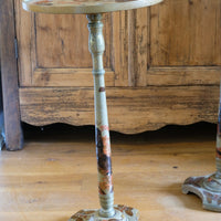 Pair of antique Chinoiserie painted round pedestal tables, gold gilt scroll feet