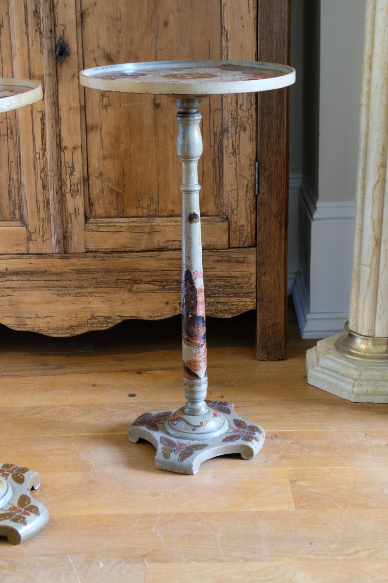 Pair of antique Chinoiserie painted round pedestal tables, gold gilt scroll feet