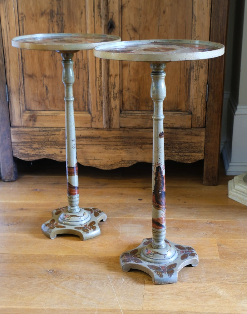 Pair of antique Chinoiserie painted round pedestal tables, gold gilt scroll feet