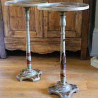 Pair of antique Chinoiserie painted round pedestal tables, gold gilt scroll feet