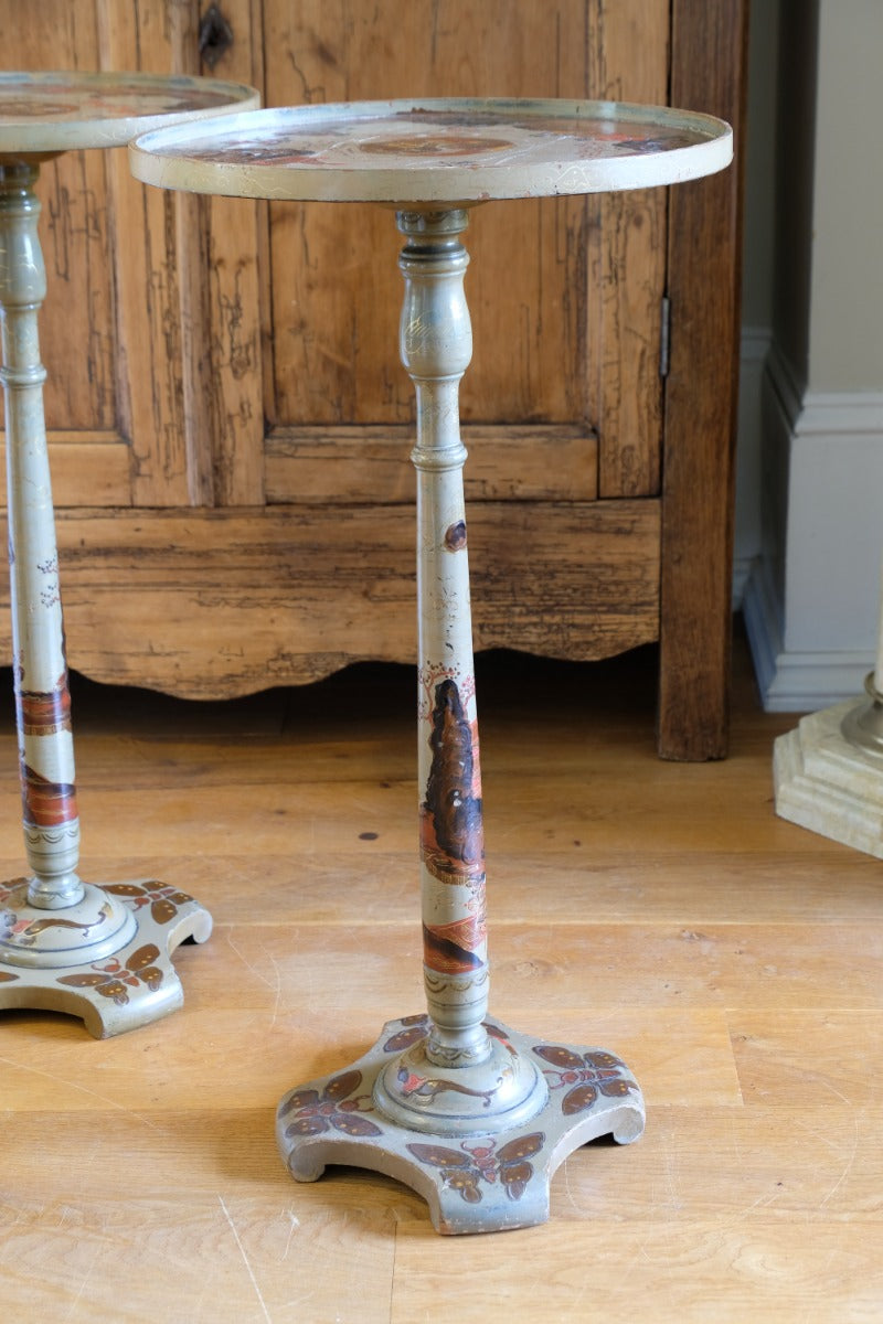 Pair of antique Chinoiserie painted round pedestal tables, gold gilt scroll feet