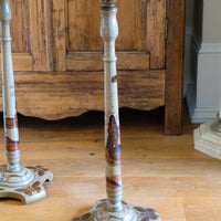Pair of antique Chinoiserie painted round pedestal tables, gold gilt scroll feet