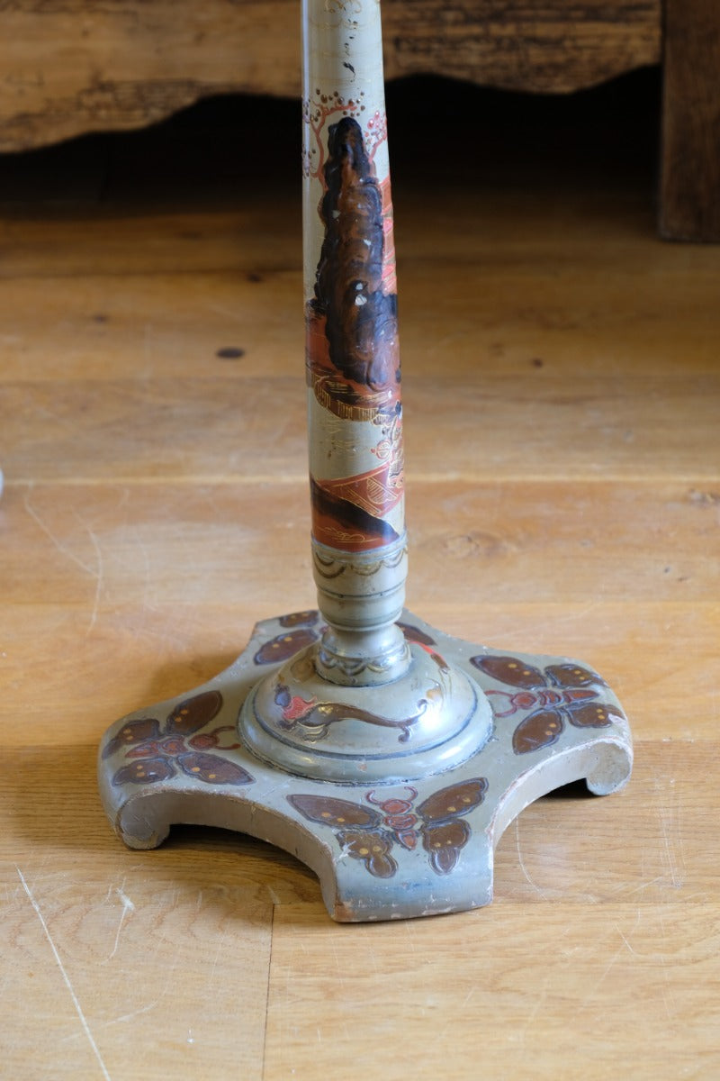 Pair of antique Chinoiserie painted round pedestal tables, gold gilt scroll feet