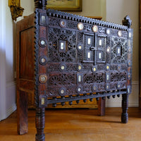 Antique Kutch Damchiya dowry chest with mirror inlay and carved hardwood fretwork, Gujarat c.1900–1930