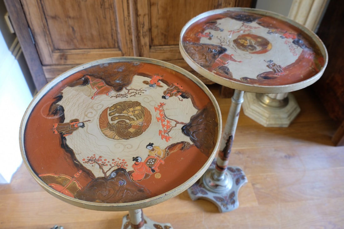 Pair of antique Chinoiserie painted round pedestal tables, gold gilt scroll feet