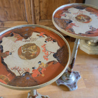 Pair of antique Chinoiserie painted round pedestal tables, gold gilt scroll feet