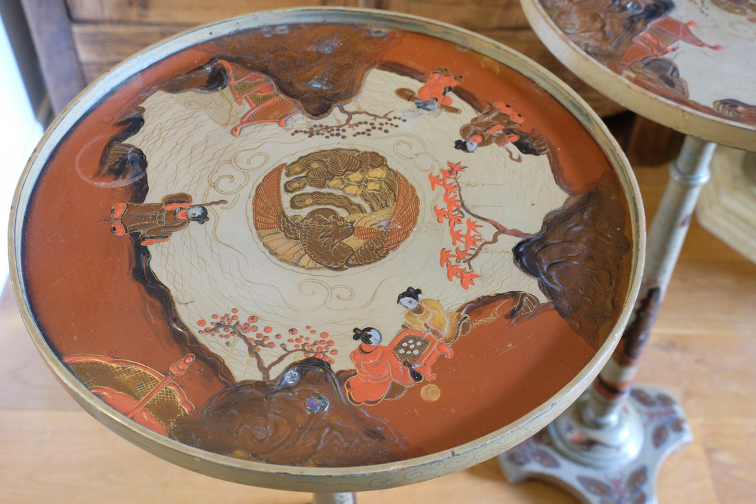 Individual hand‑painted relief landscape scene on Chinoiserie table top
