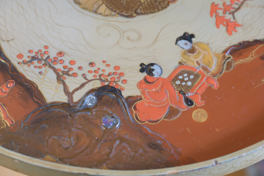 Individual hand‑painted relief landscape scene on Chinoiserie table top
