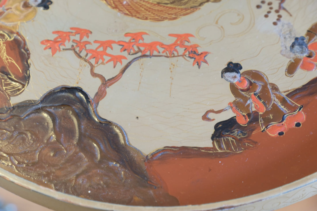 Individual hand‑painted relief landscape scene on Chinoiserie table top