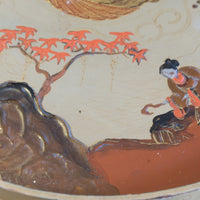 Individual hand‑painted relief landscape scene on Chinoiserie table top