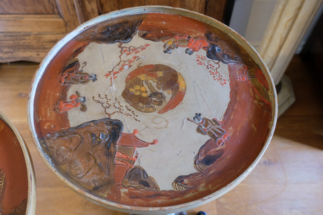 Individual hand‑painted relief landscape scene on Chinoiserie table top