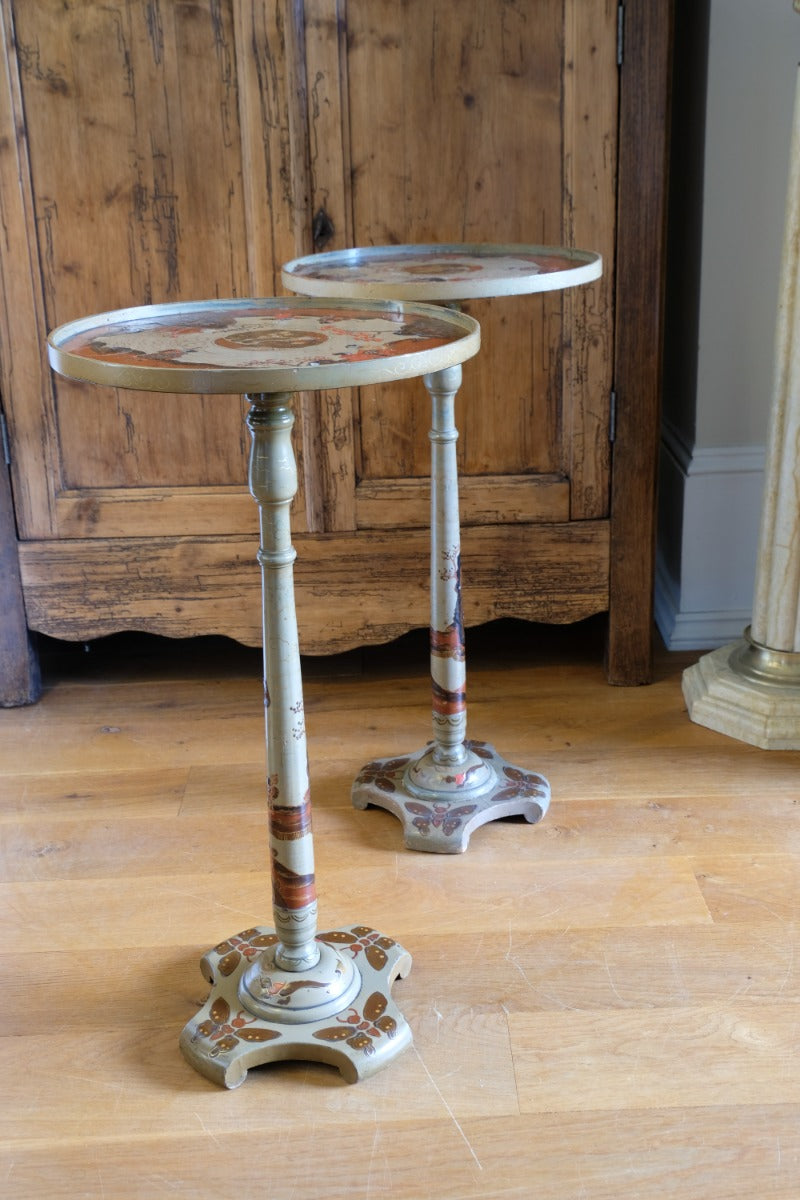 Pair of antique Chinoiserie painted round pedestal tables, gold gilt scroll feet