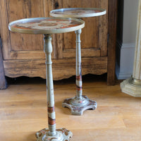 Pair of antique Chinoiserie painted round pedestal tables, gold gilt scroll feet