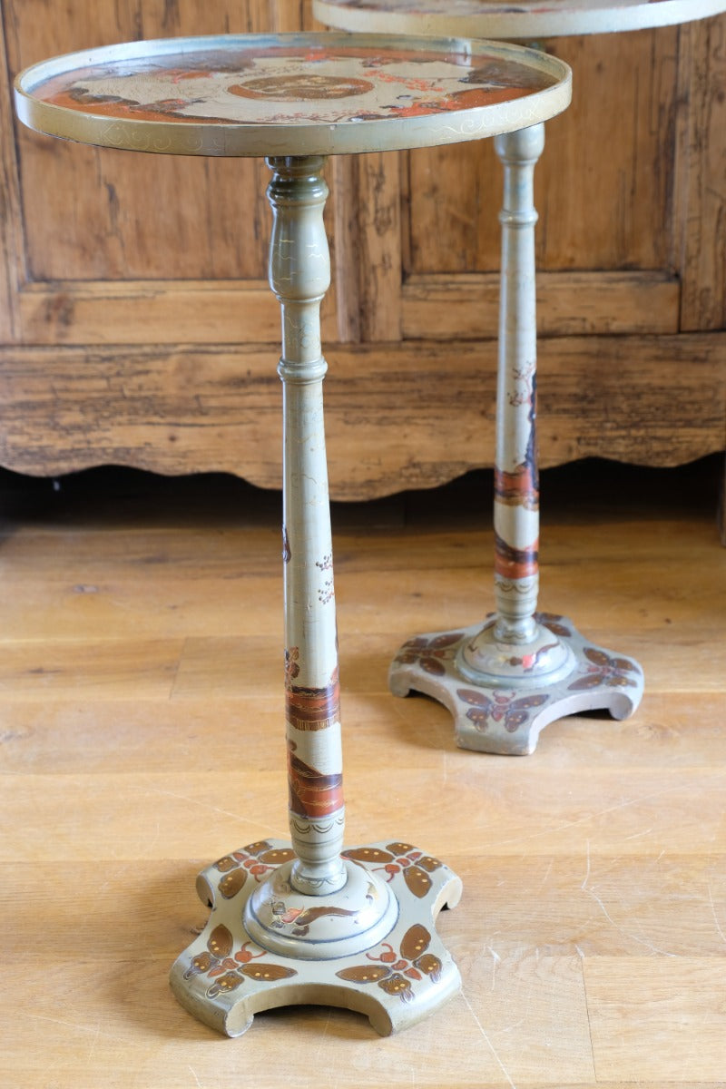Pair of antique Chinoiserie painted round pedestal tables, gold gilt scroll feet