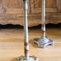 Pair of antique Chinoiserie painted round pedestal tables, gold gilt scroll feet