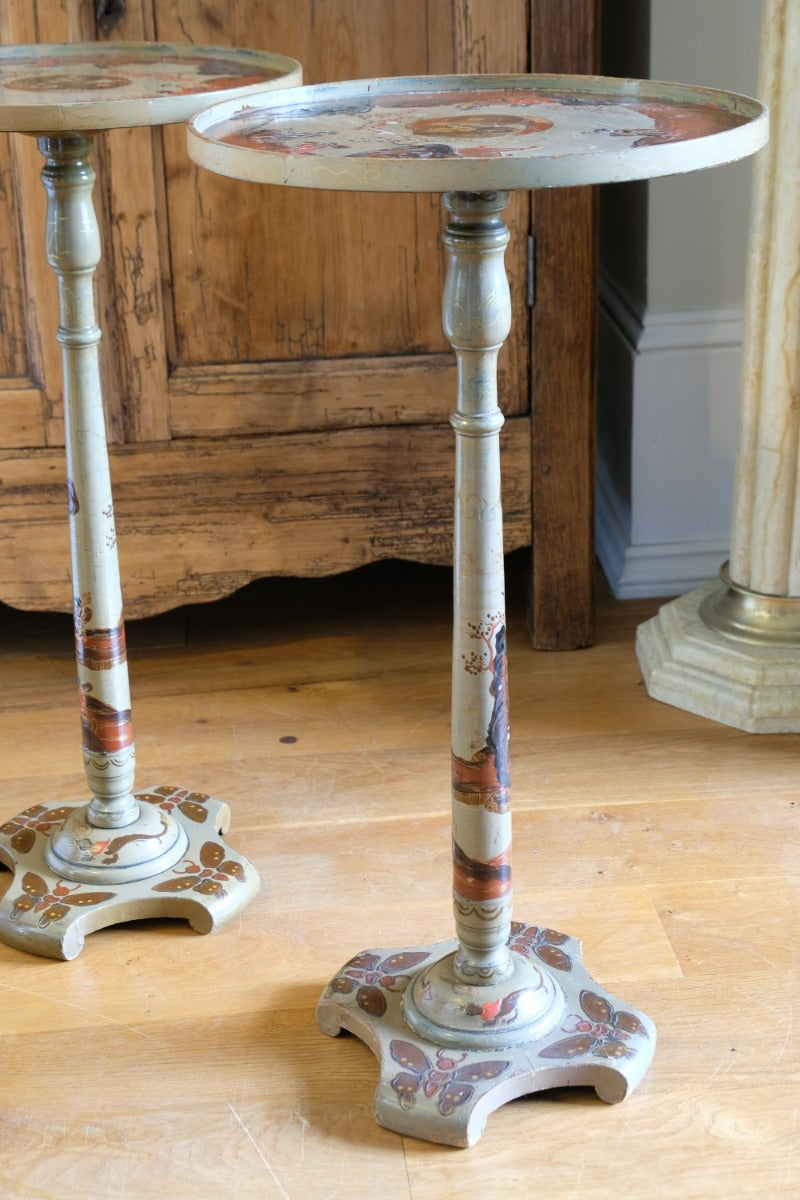 Pair of antique Chinoiserie painted round pedestal tables, gold gilt scroll feet