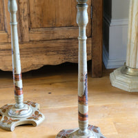 Pair of antique Chinoiserie painted round pedestal tables, gold gilt scroll feet