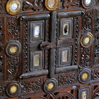 Door detail on an Antique Gujarati carved hardwood cabinet with bone and mirror inlay, Western India c.1880–1900