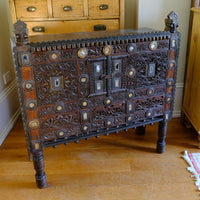 Antique Kutch Damchiya dowry chest with mirror inlay and carved hardwood fretwork, Gujarat c.1900–1930