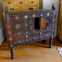 Antique Kutch Damchiya dowry chest with mirror inlay and carved hardwood fretwork, Gujarat c.1900–1930